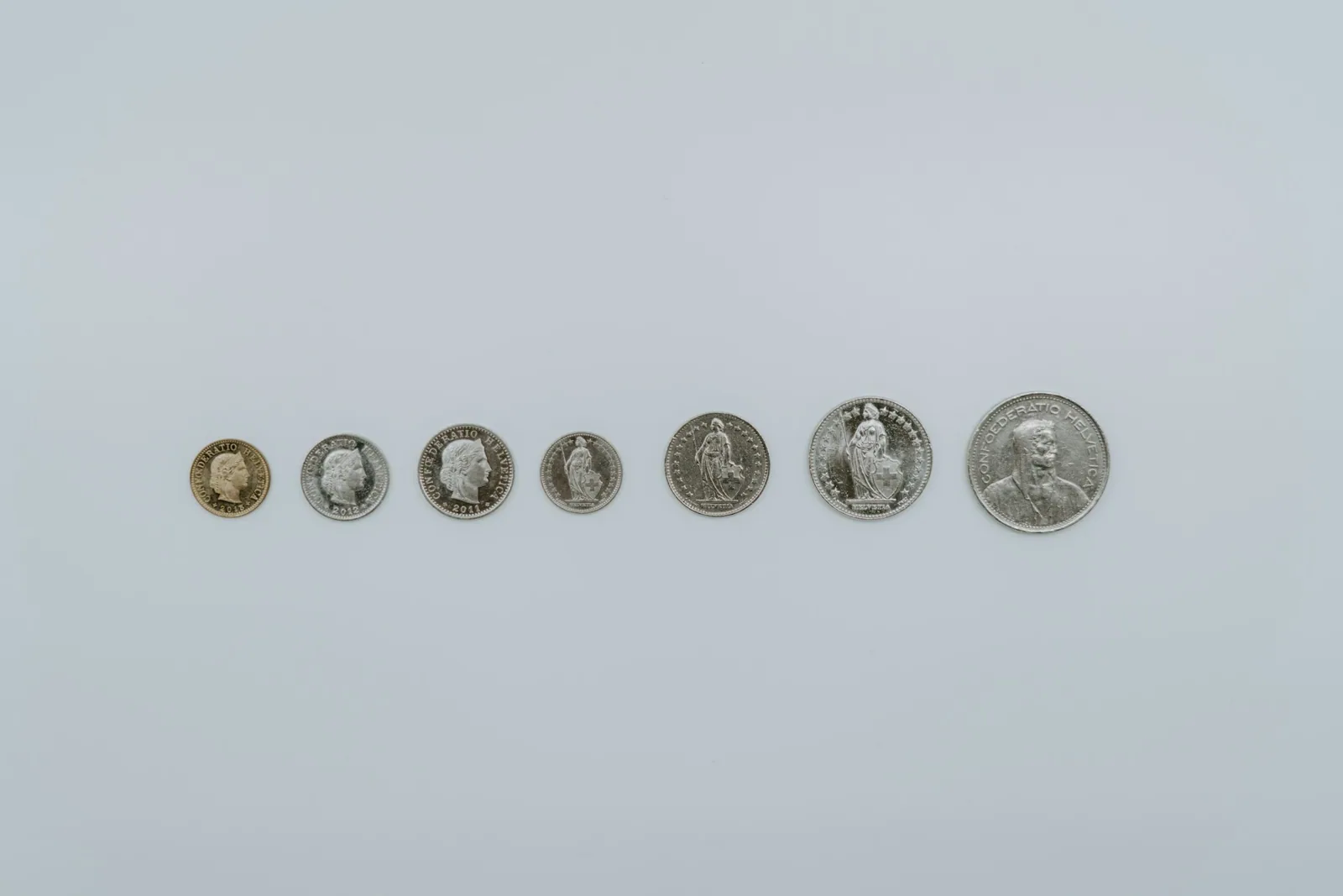 Pièces suisses de différentes valeurs alignées.