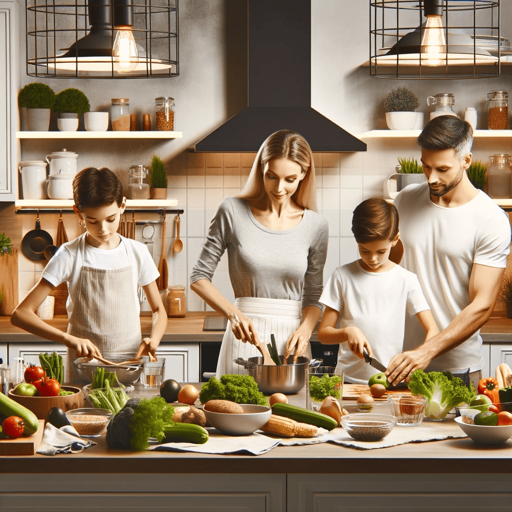 DALL·E 2023-12-29 08.12.05 - An image for a blog post about planning balanced meals, featuring a modern European family in a contemporary kitchen. The image includes a White mothe-m