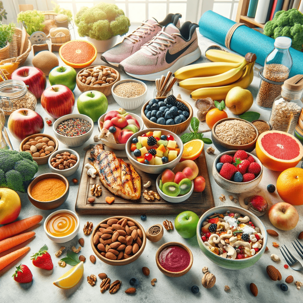 DALL·E 2023-12-29 08.25.02 - An image for a blog post titled 'The Secrets of Healthy Eating for an Active Lifestyle,' featuring various elements symbolizing balanced nutrition and-m