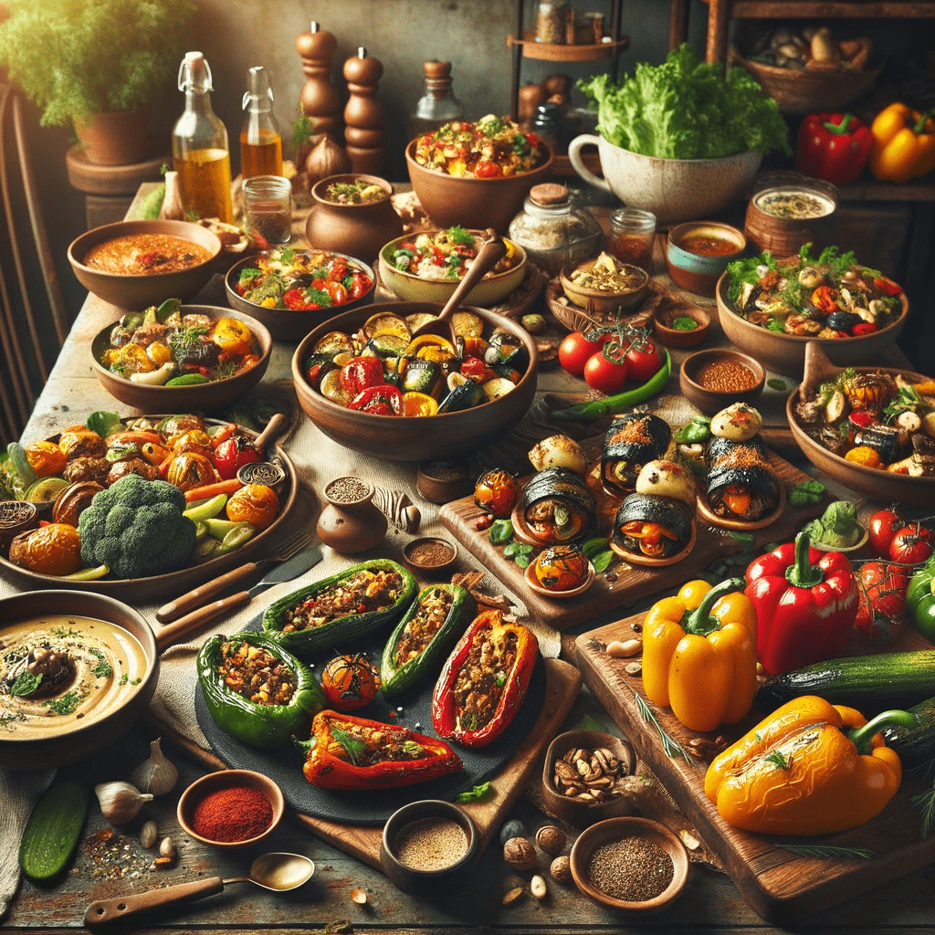DALL·E 2023-12-29 08.32.24 - An image for a blog post titled 'Delicious Vegetable-Based Recipes for Vegetarians,' showcasing a variety of appetizing vegetarian dishes. The scene i-m