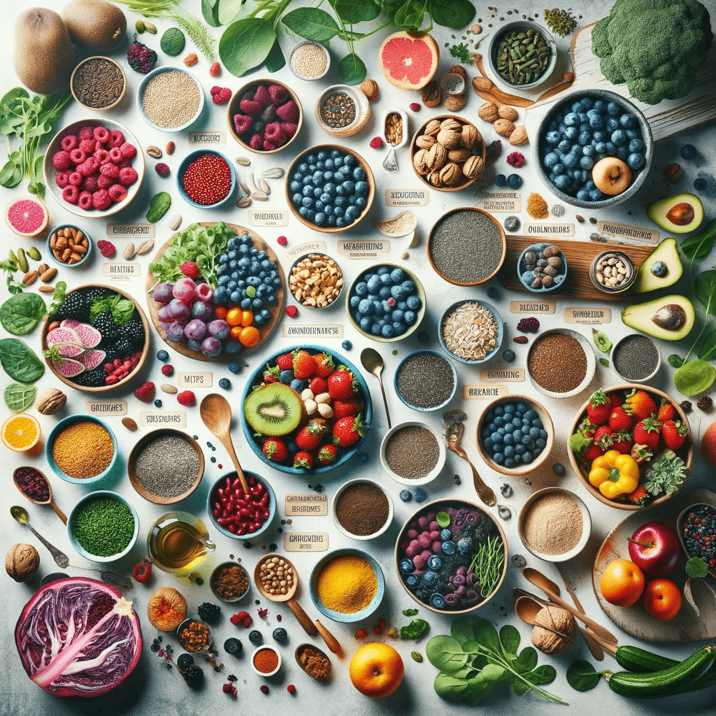 DALL·E 2023-12-29 08.42.00 - An image for a blog post titled 'Discover the Benefits of Superfoods in Your Daily Diet,' featuring a variety of superfoods arranged in a compelling a-m