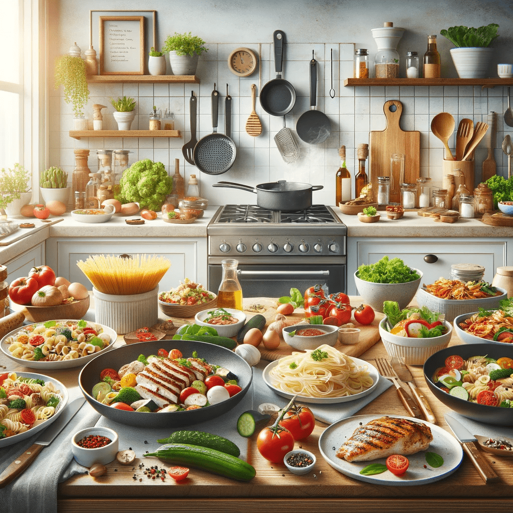DALL·E 2023-12-29 08.50.35 - An image for a blog post titled 'Easy Recipes for Weeknight Meals,' showcasing quick and simple dishes that can be made on busy days. The image feat (5)min