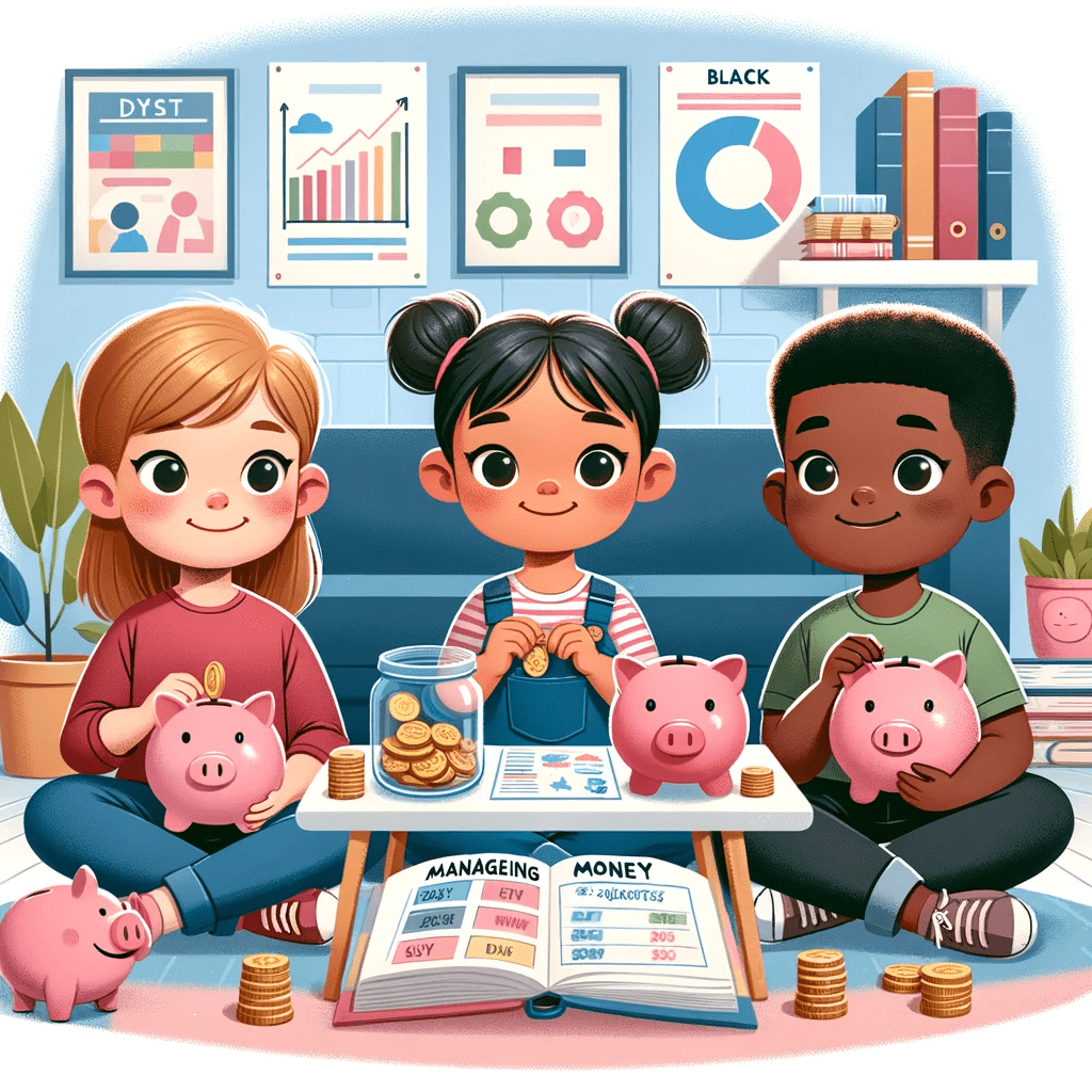 DALL·E 2023-12-29 11.17.58 - An illustration for a blog titled 'Managing Money at 10 Years Old_ The Keys to Success'. The image features a diverse group of three children (Caucasi-m