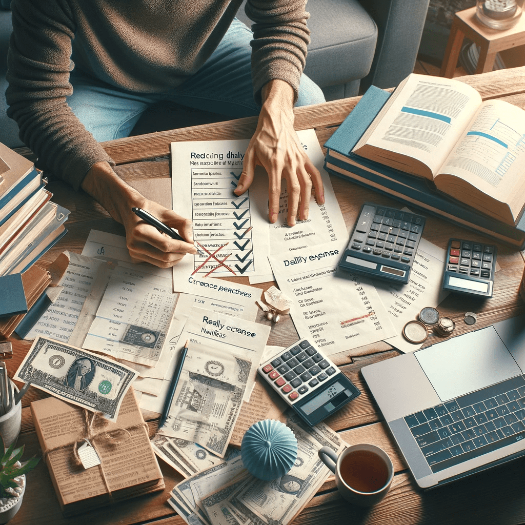 DALL·E 2023-12-29 12.27.13 - A photo-realistic image for a blog titled 'Reducing Daily Expenses_ Tips for a Healthier Budget'. The image depicts an individual of European descent -m