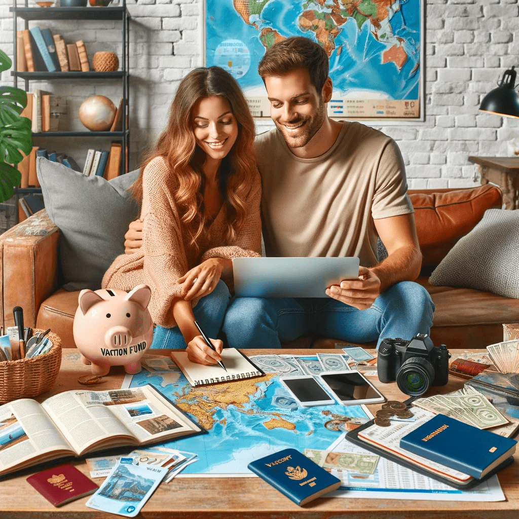 DALL·E 2023-12-29 12.50.55 - A photo-realistic image for a blog titled 'Saving for Vacations_ Budget and Tips for More Travel'. The image depicts a European couple in a cozy livin-m