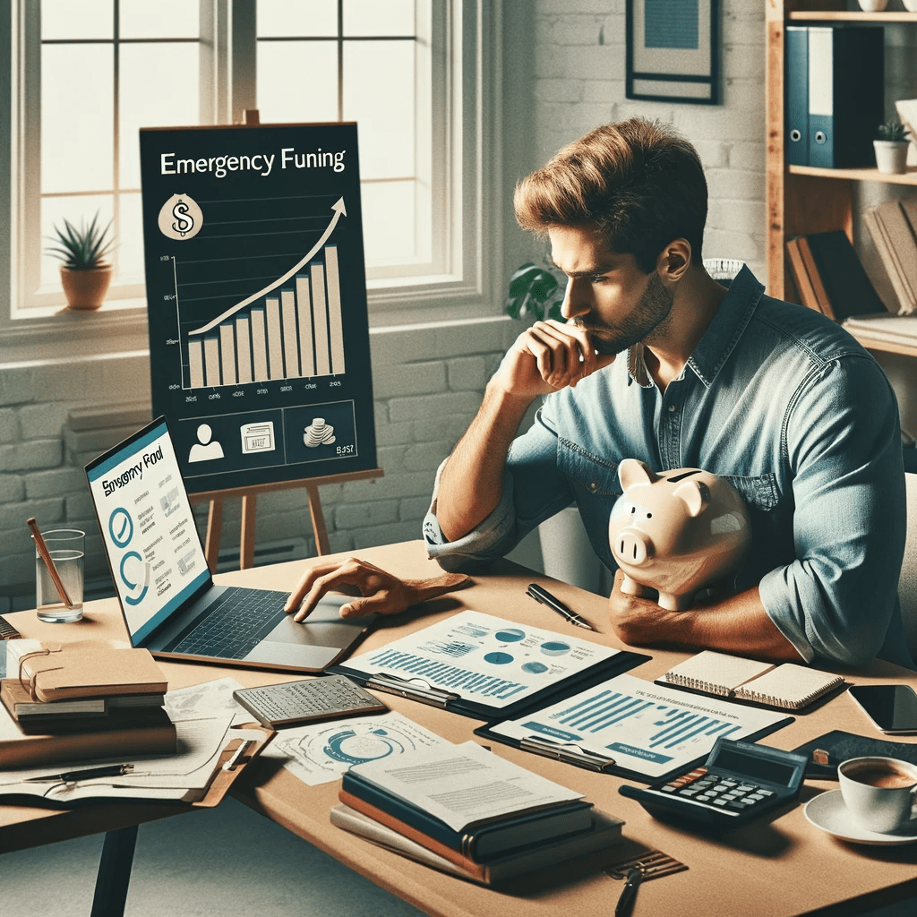 DALL·E 2023-12-29 13.03.57 - A photo-realistic image for a blog titled 'Simplified Saving_ Strategies to Boost Your Emergency Fund'. The image depicts a European individual sittin-m