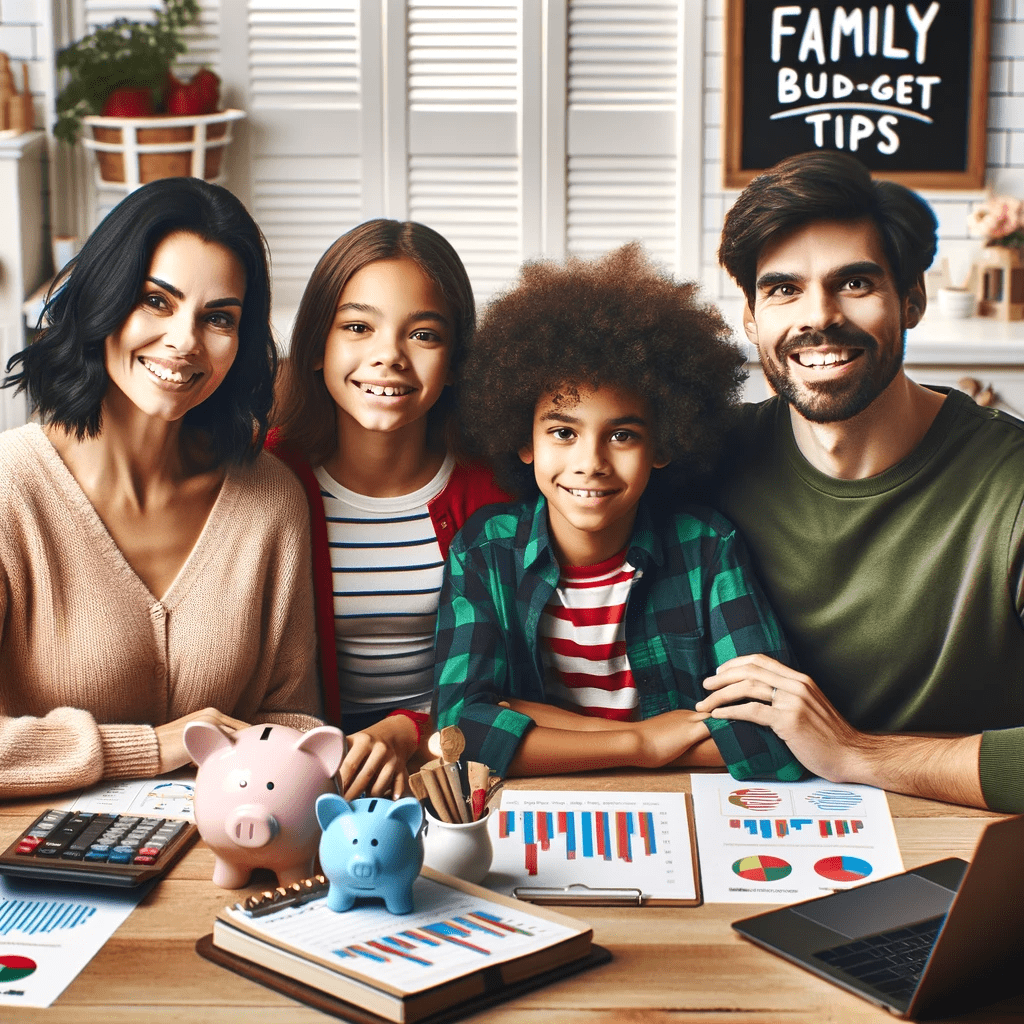 DALL·E 2023-12-29 13.36.58 - A family of four, consisting of a mother of Hispanic descent, a father of Caucasian descent, a Black teenage daughter, and an Asian young son, are sit-m