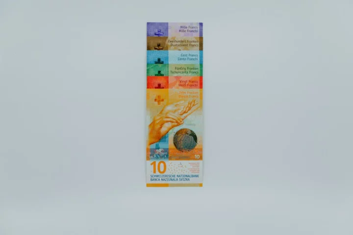 Billets de francs suisses alignés par valeur.