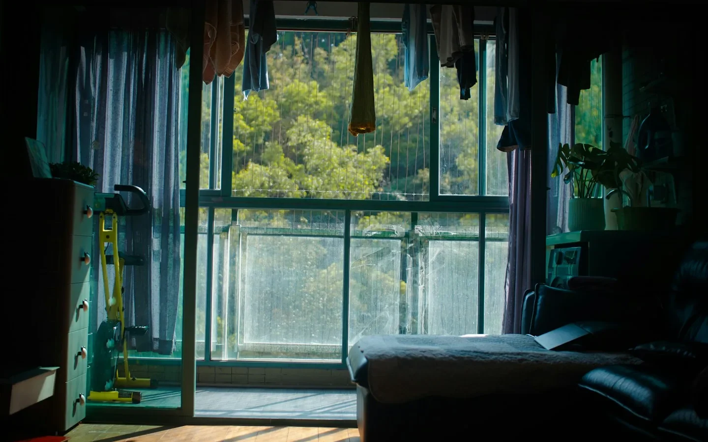 Intérieur d’un appartement avec balcon donnant sur des arbres.